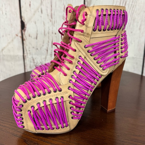 JEFFREY CAMPBELL LITA LACED in Neon Pink & Purple On Tan Leather Ankle Boots 6.5 - Picture 4 of 16
